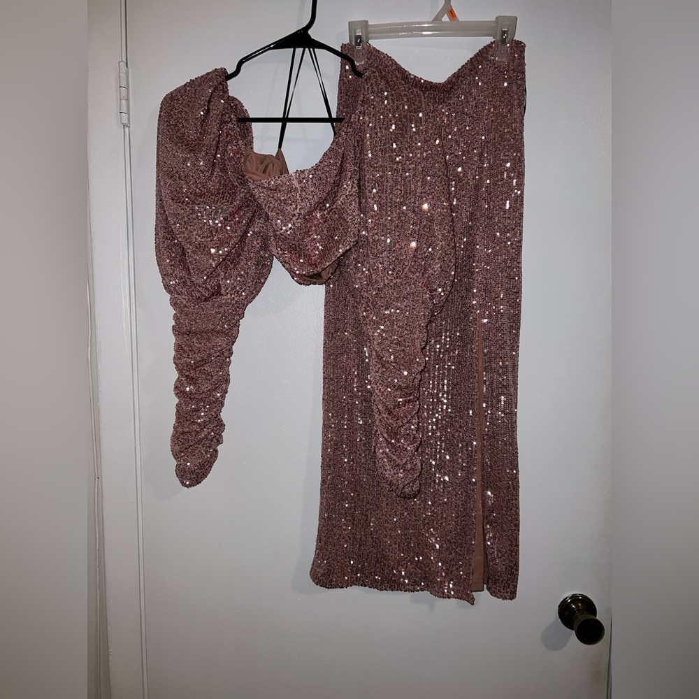Ladies Missguided Sequin Ruched Two-Piece Set Light Pink